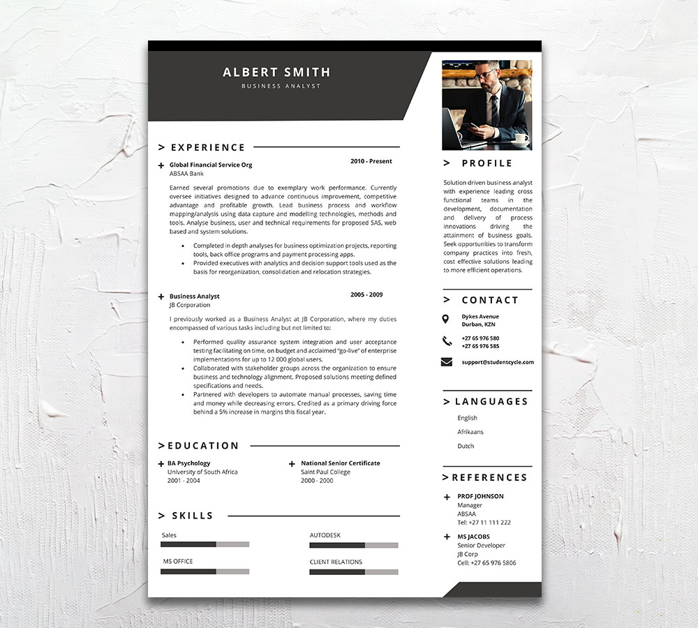 Business Analyst Student Cycle Resume CV Design South Africa